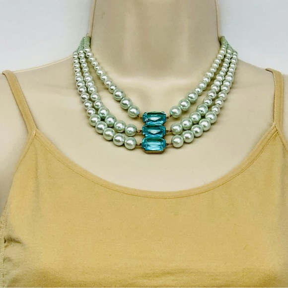 Vintage Faux Pearl Blue Glass 3 Strand Necklace - Picture 16 of 16